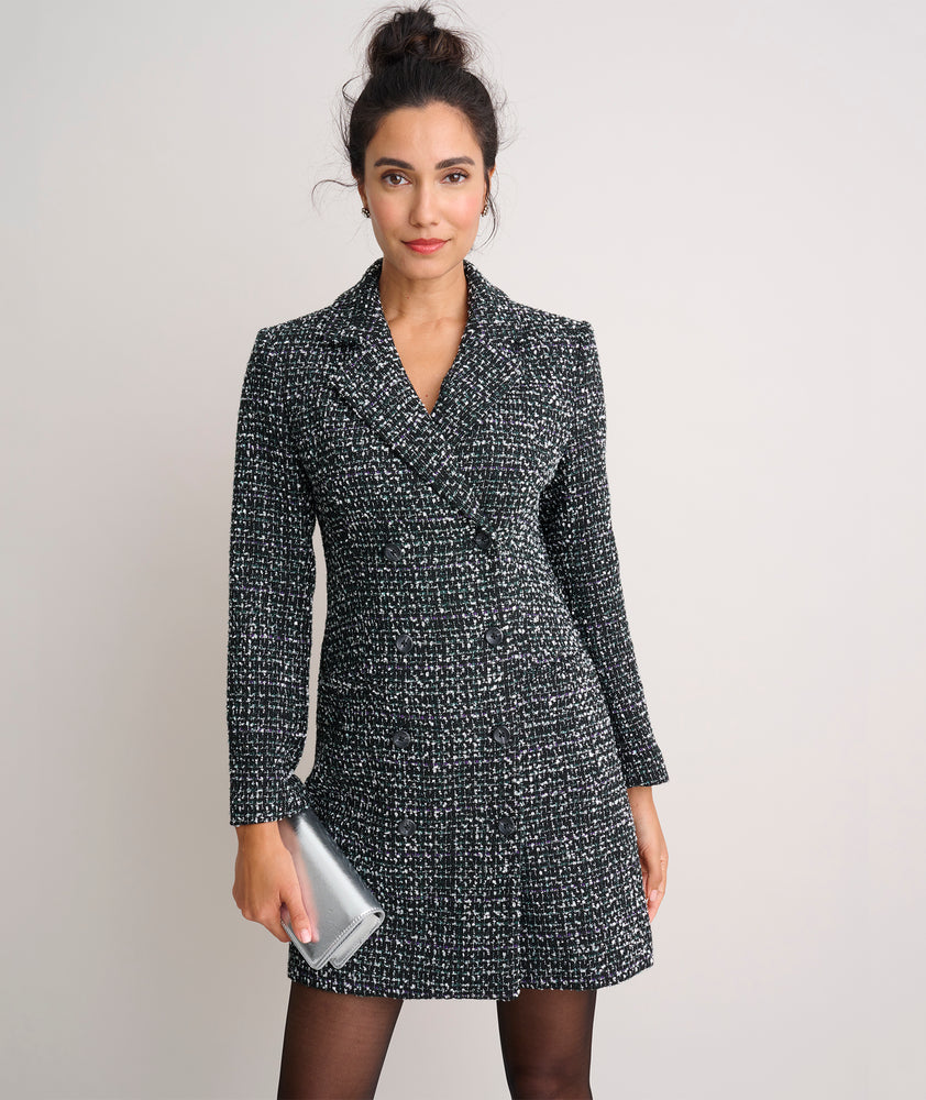 Model is wearing UNTUCKit Tweed Angelica Blazer Dress.