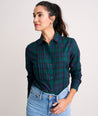 Model is wearing UNTUCKit Belinda shirt in plaid navy.