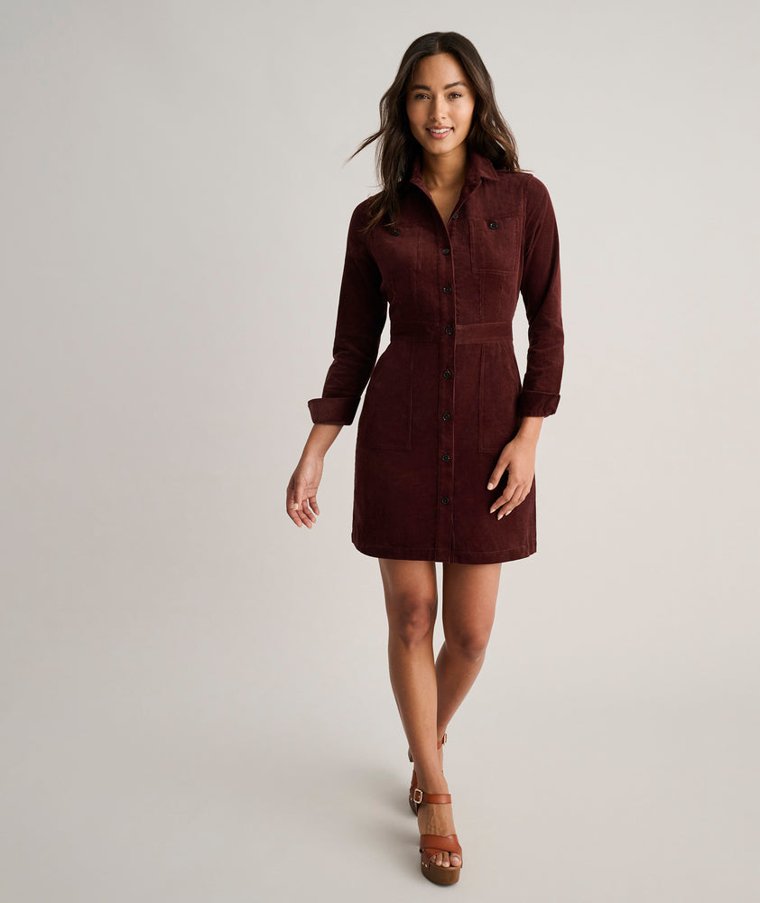 Model is wearing UNTUCKit Corduroy Cora Shirt Dress.