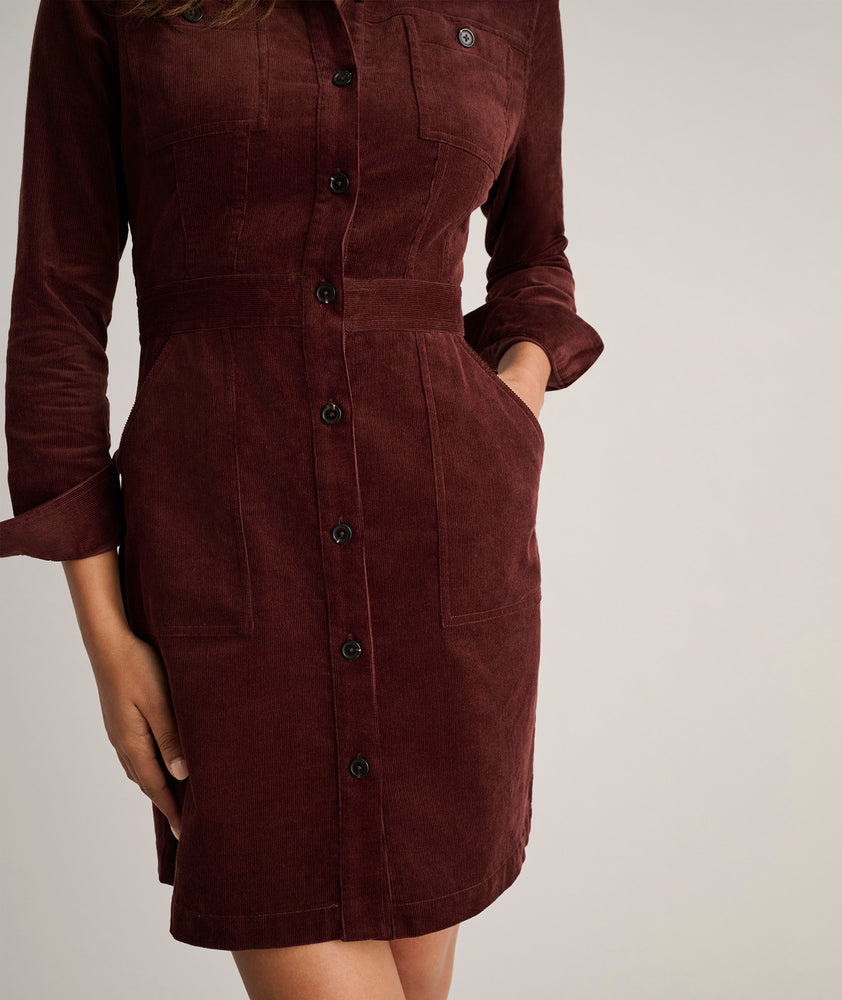 Model is wearing UNTUCKit Corduroy Cora Shirt Dress.