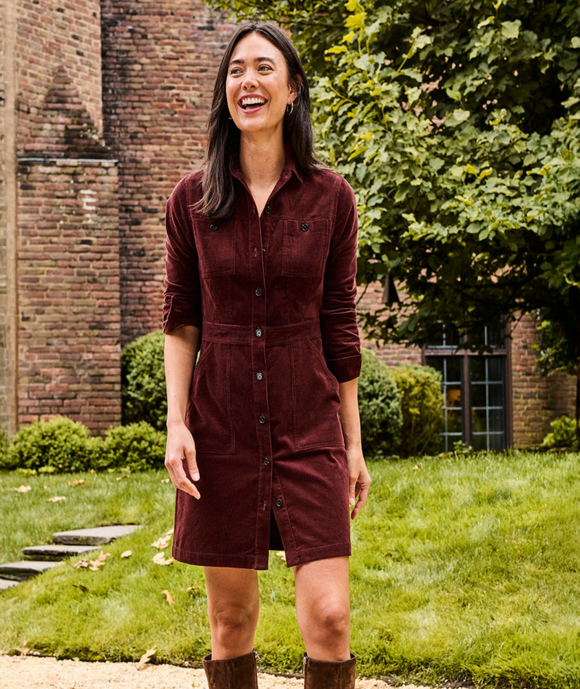 Model is wearing UNTUCKit Corduroy Cora Shirt Dress.