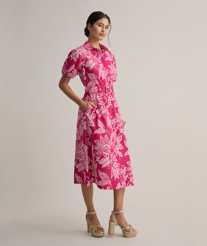 Model is wearing UNTUCKit Cotton Stretch Pink Jackie Midi Shirtdress with Belt.