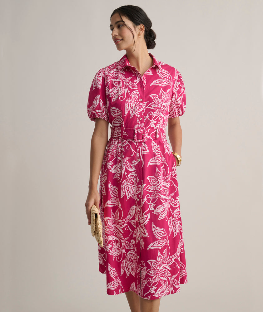 Model is wearing UNTUCKit Cotton Stretch Pink Jackie Midi Shirtdress with Belt.