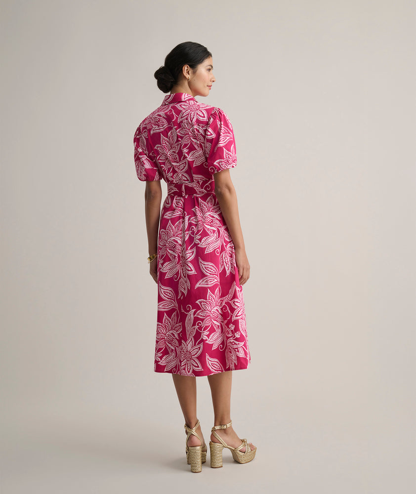 Model is wearing UNTUCKit Cotton Stretch Pink Jackie Midi Shirtdress with Belt.