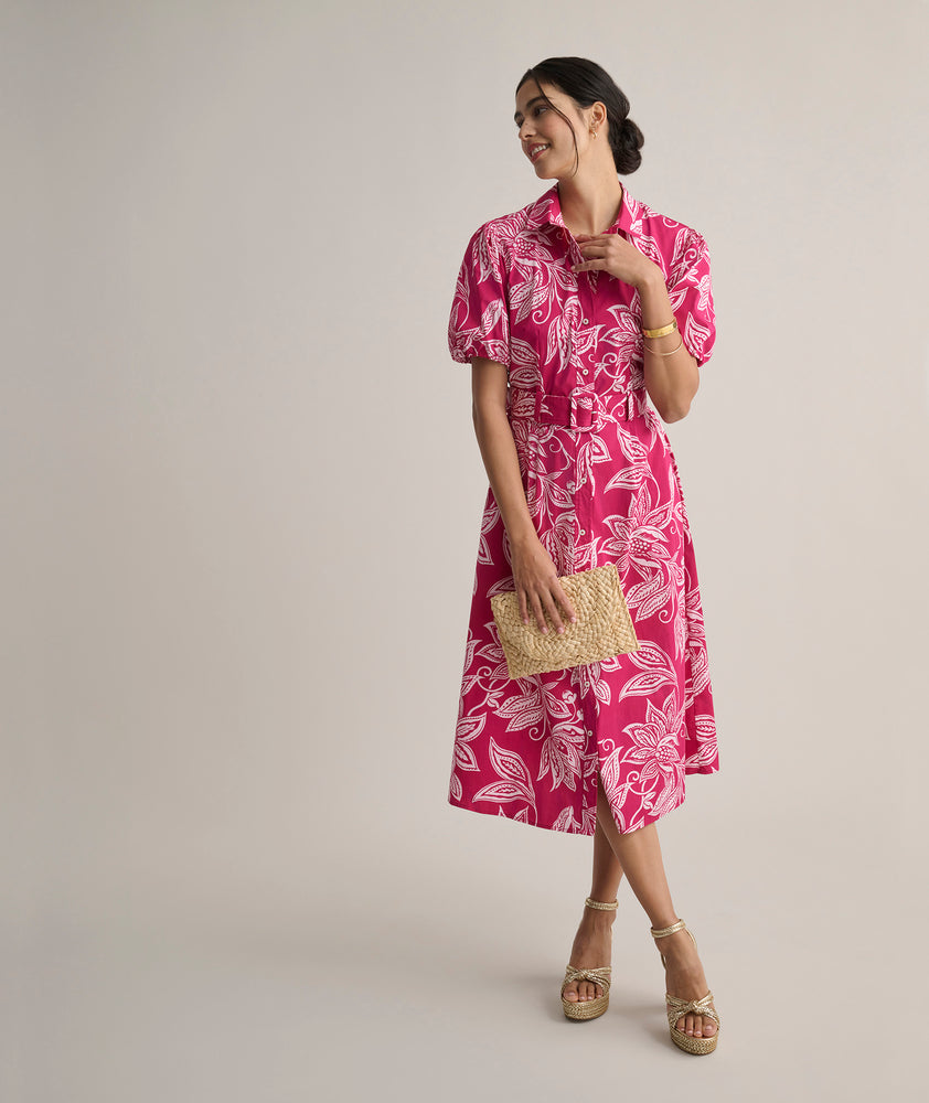 Model is wearing UNTUCKit Cotton Stretch Pink Jackie Midi Shirtdress with Belt.