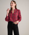 Model is wearing UNTUCKit Joy shirt in red plaid.