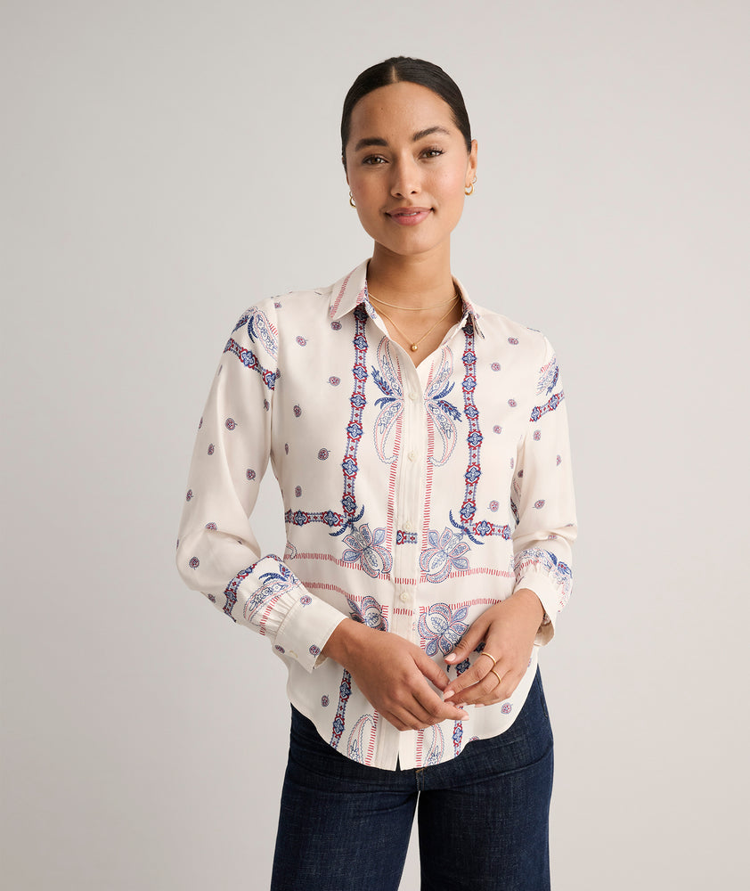 Model is wearing UNTUCKit Bandana Print Odette Shirt.