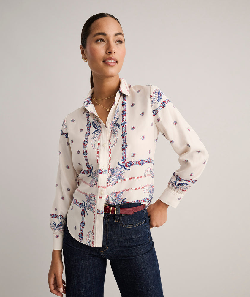 Model is wearing UNTUCKit Bandana Print Odette Shirt.
