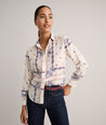 Model is wearing UNTUCKit Bandana Print Odette Shirt.