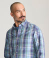 Model is wearing UNTUCKit Rombauer shirt in summer plaid.
