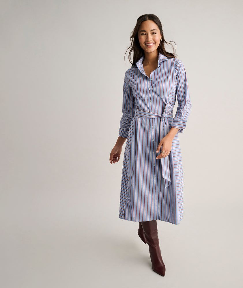 Model is wearing UNTUCKit Stretch Cotton Striped Tess Shirt Dress.