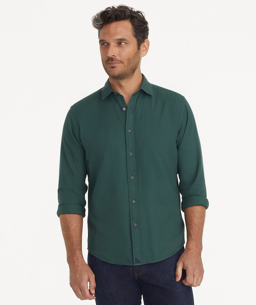 Model is wearing UNTUCKit Garment Dyed Cotton Pique Shirt in Green