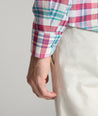 Model is wearing UNTUCKit linen red check wallace.