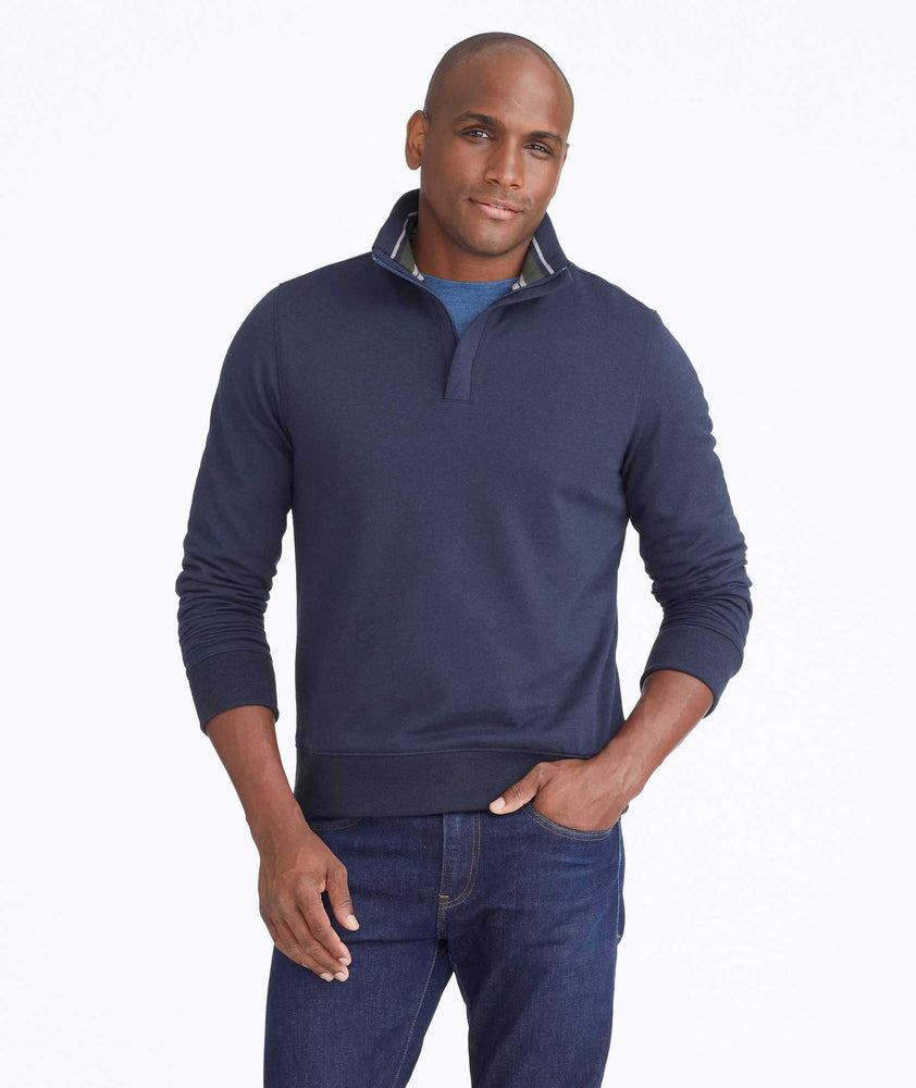 Model wearing a Navy Quarter-Zip Sweatshirt