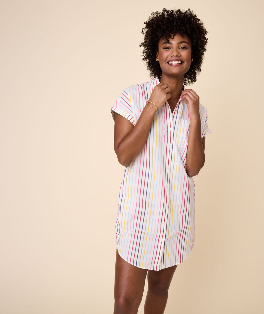 Model is wearing UNTUCKit White with Multicolor Stripe Eleanor Dress.