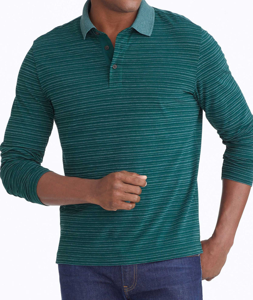 Model wearing a Green Striped Long-Sleeve Polo