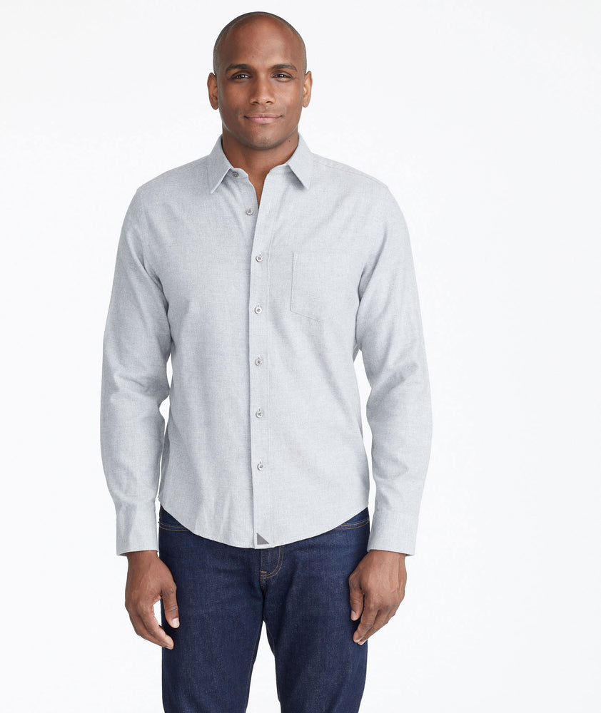 Model wearing a Grey Flannel Sherwood Shirt