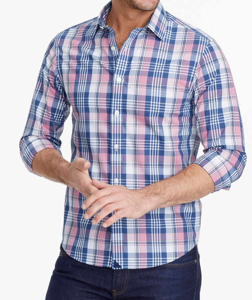 Model wearing a Pink Wrinkle-Free Yarden Shirt