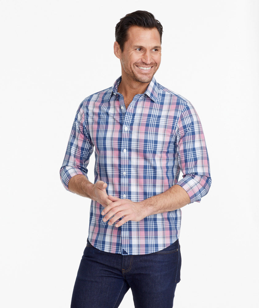 Model wearing a Pink Wrinkle-Free Yarden Shirt