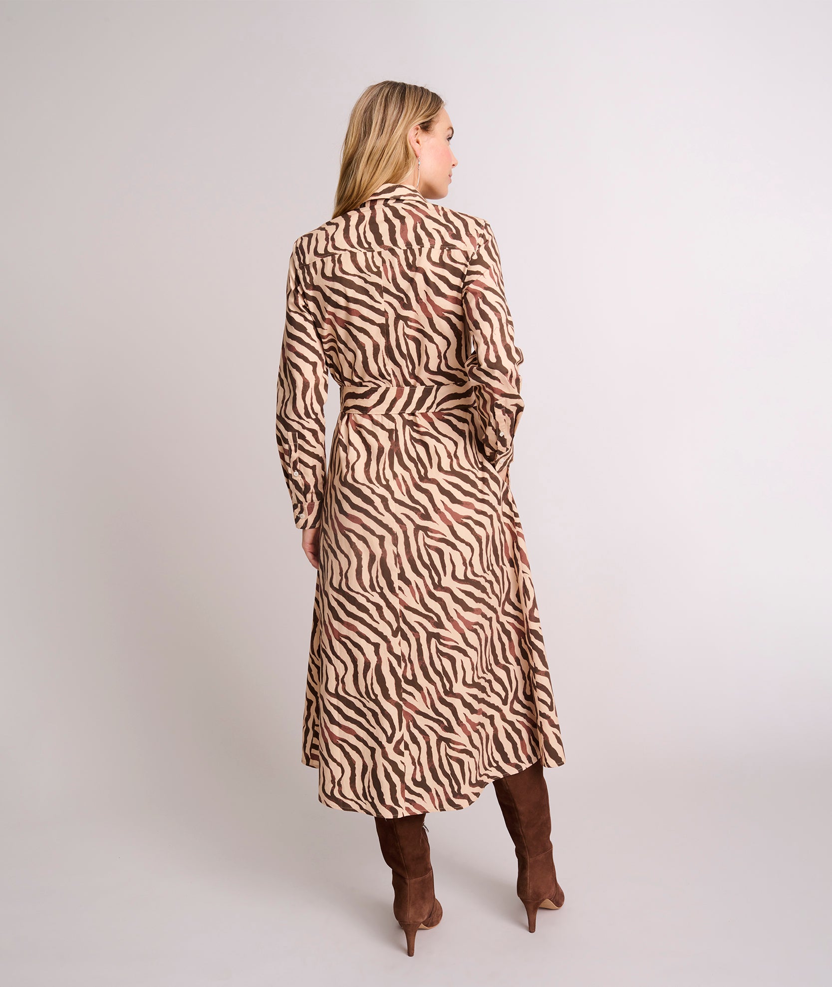 Stretch Cotton Safari Print Elise Shirt Dress Tan Zebra Print