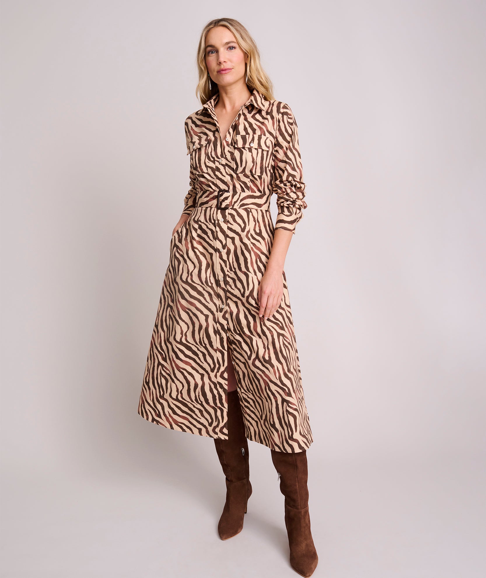 Stretch Cotton Safari Print Elise Shirt Dress Tan Zebra Print | UNTUCKit