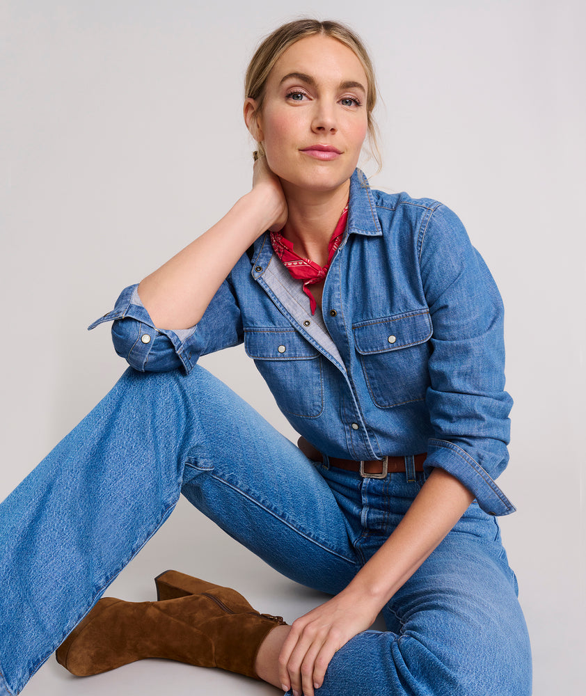 women's denim dress shirt CHICME Womens Denim Shirt Dress Long Sleeve Button Down Jean Dress Casual Tunic Top with Pockets-bl-S Blue at Amazon Women's Clothing store