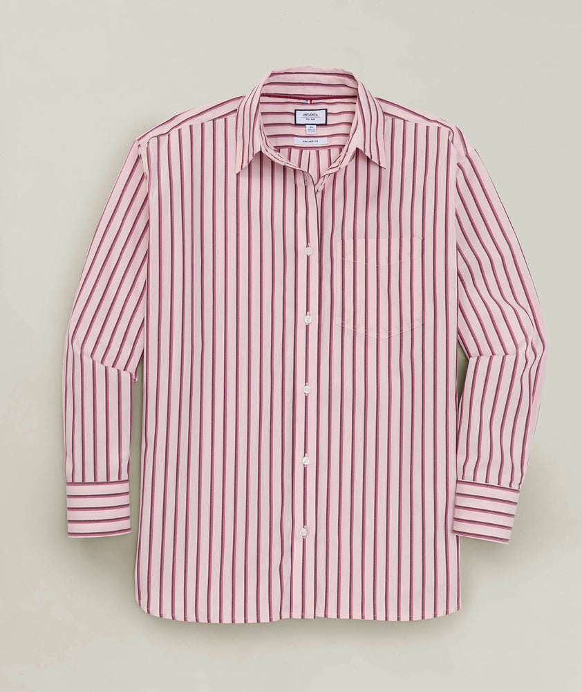 Flat lay of the Melanie shirt in pink and red stripes. 
