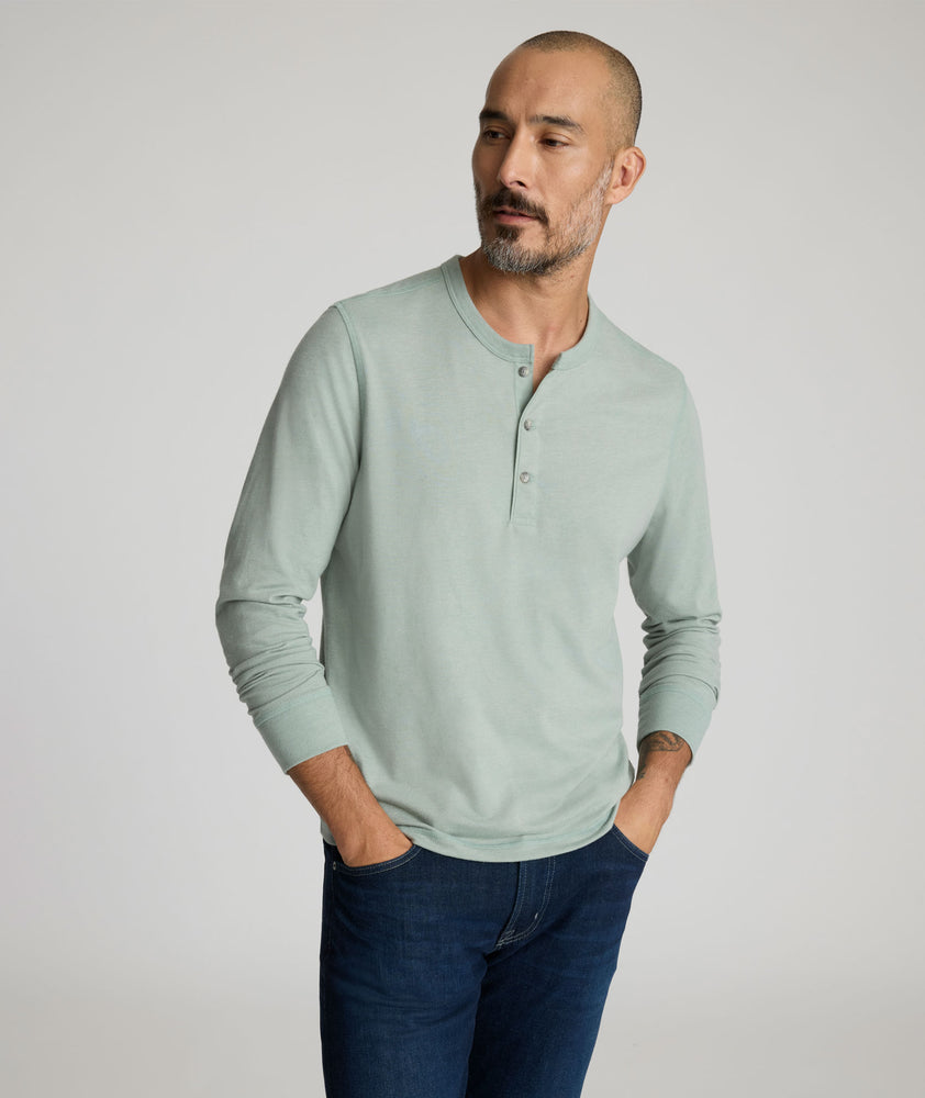 Model wearing a Slate Grey Ultrasoft Long-Sleeve Henley.