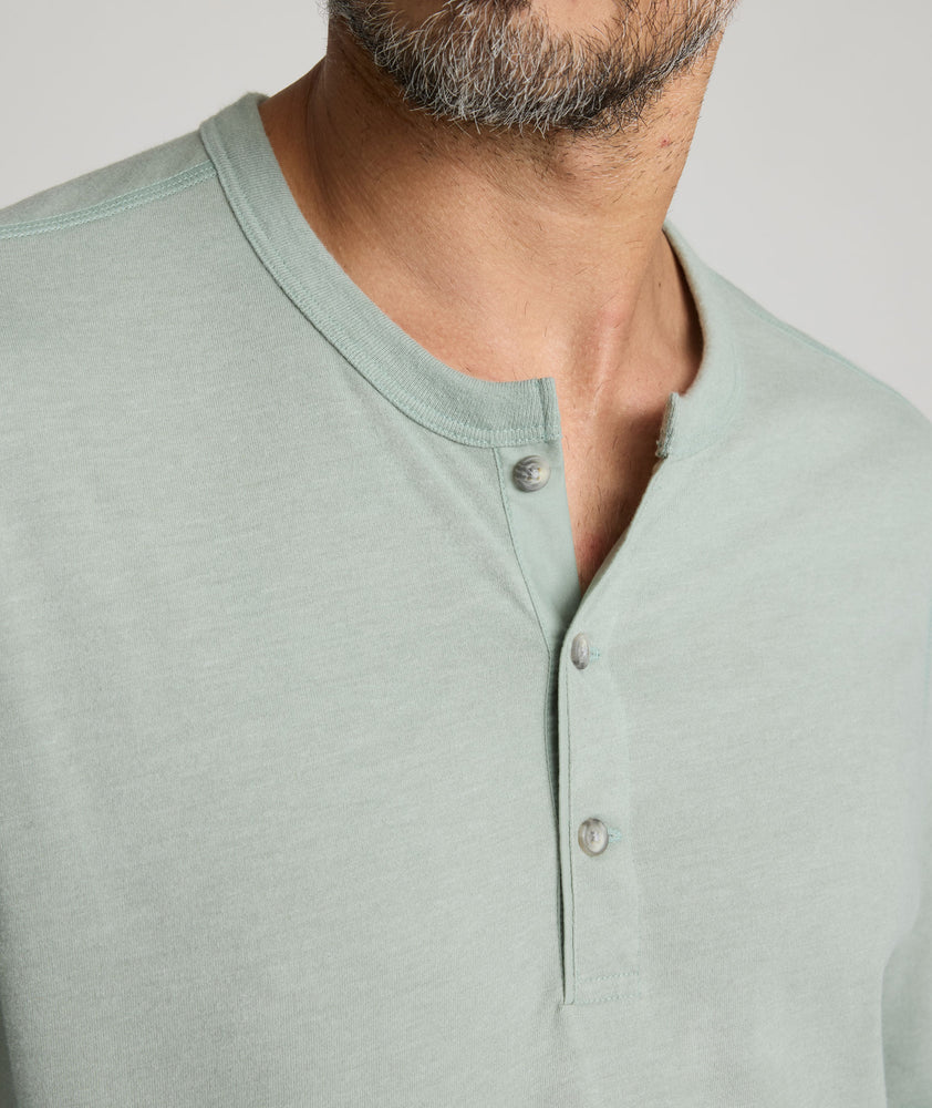Model wearing a Slate Grey Ultrasoft Long-Sleeve Henley.