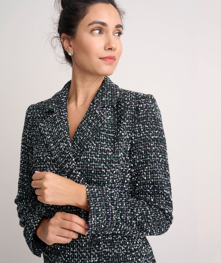 Model is wearing UNTUCKit Tweed Angelica Blazer Dress.