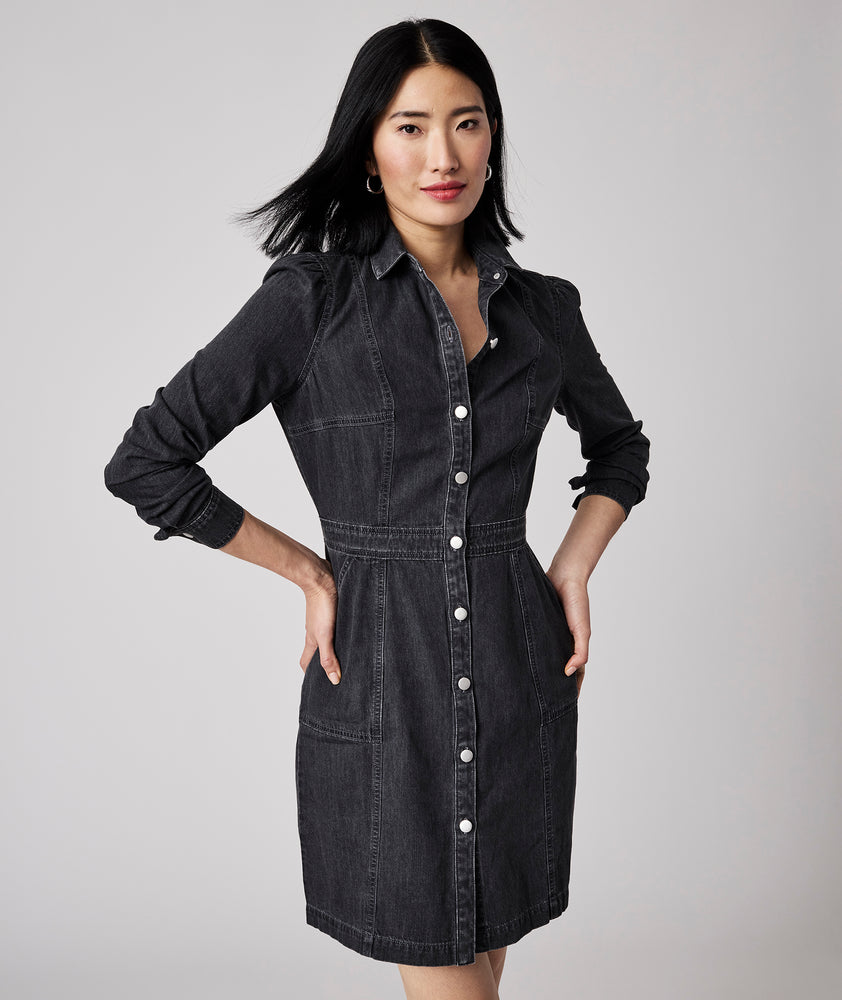 Model is wearing UNTUCKit Annie denim dress. 