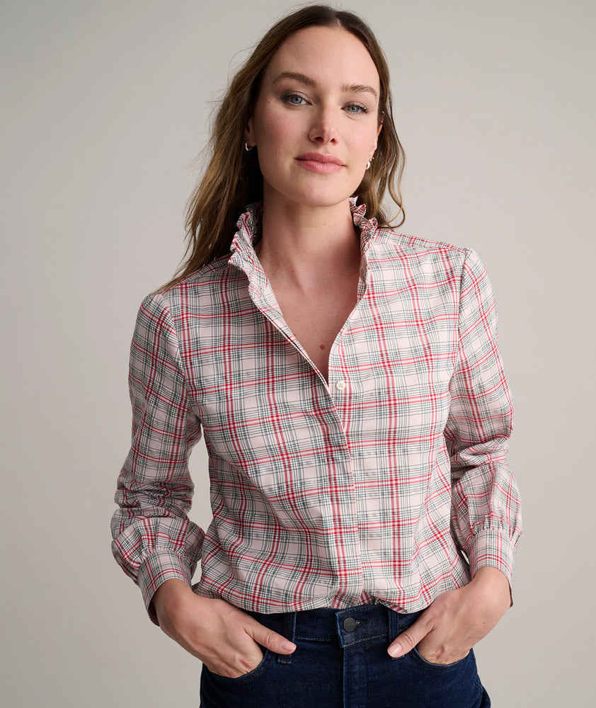 Model is wearing UNTUCKit Antonia plaid shirt. 
