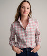 Model is wearing UNTUCKit Antonia plaid shirt. 