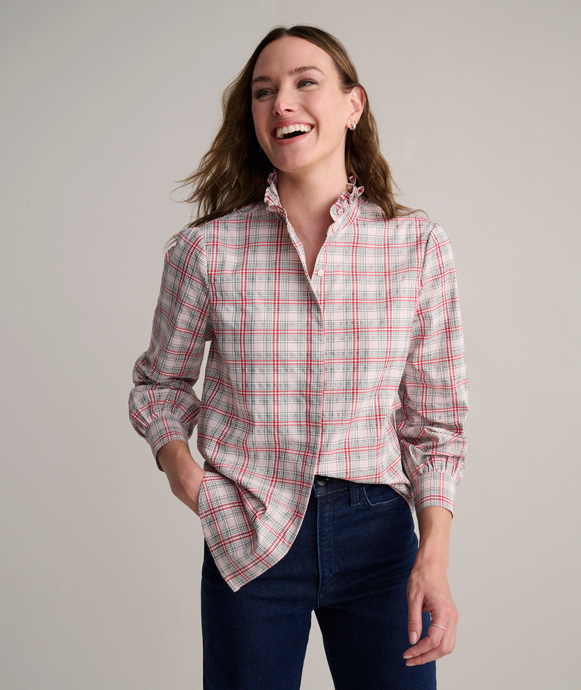 Model is wearing UNTUCKit Antonia plaid shirt. 