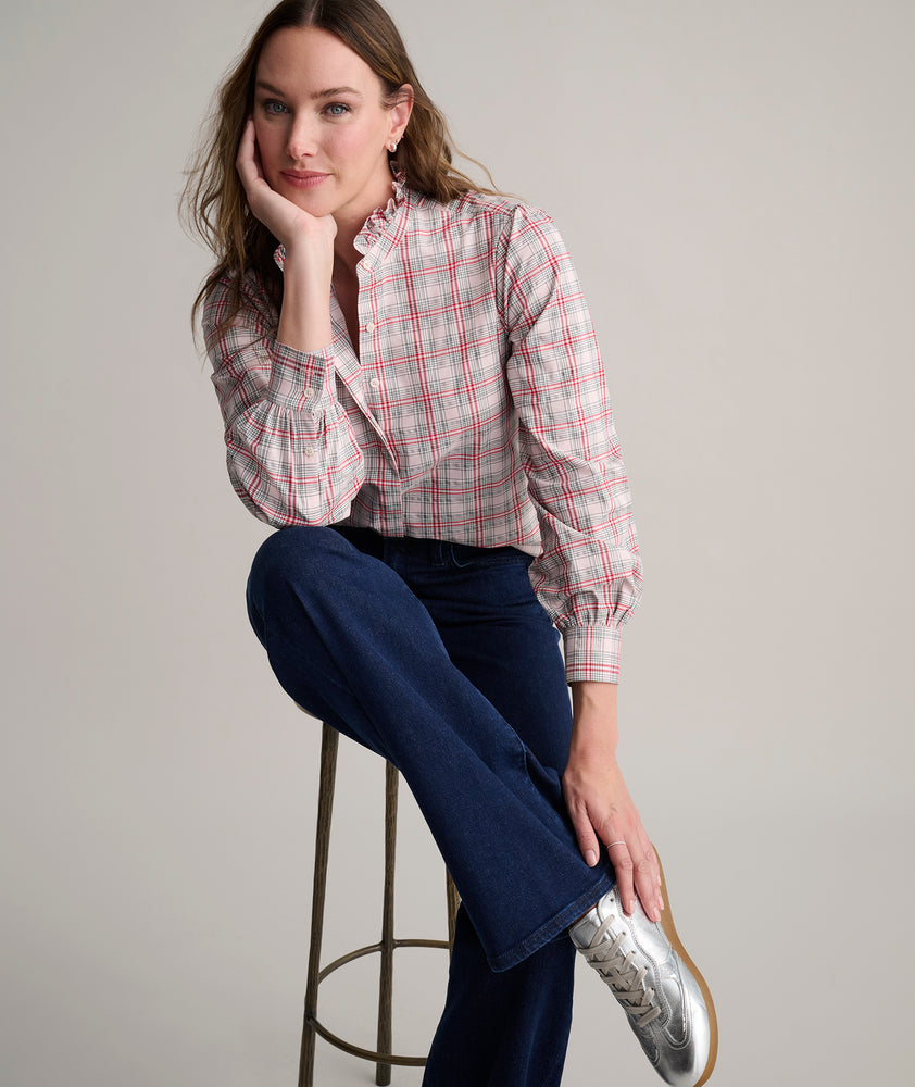 Model is wearing UNTUCKit Antonia plaid shirt. 