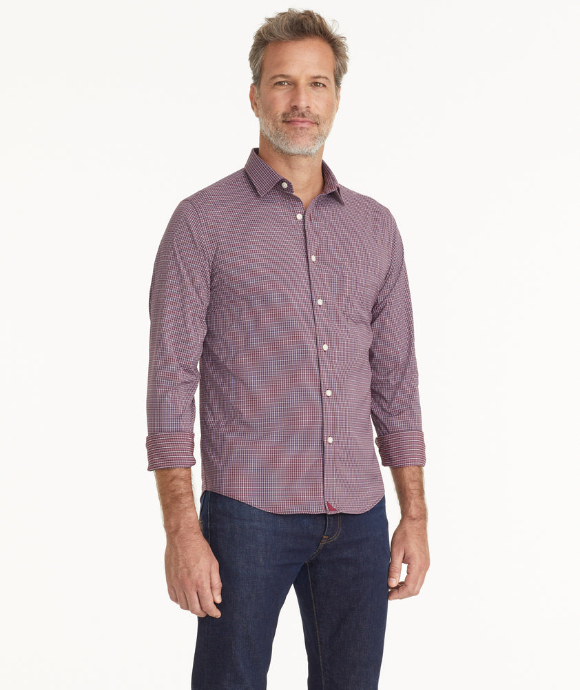 Model is wearing Wrinkle-Free Performance Apremont Shirt and Maroon Grounded Check.