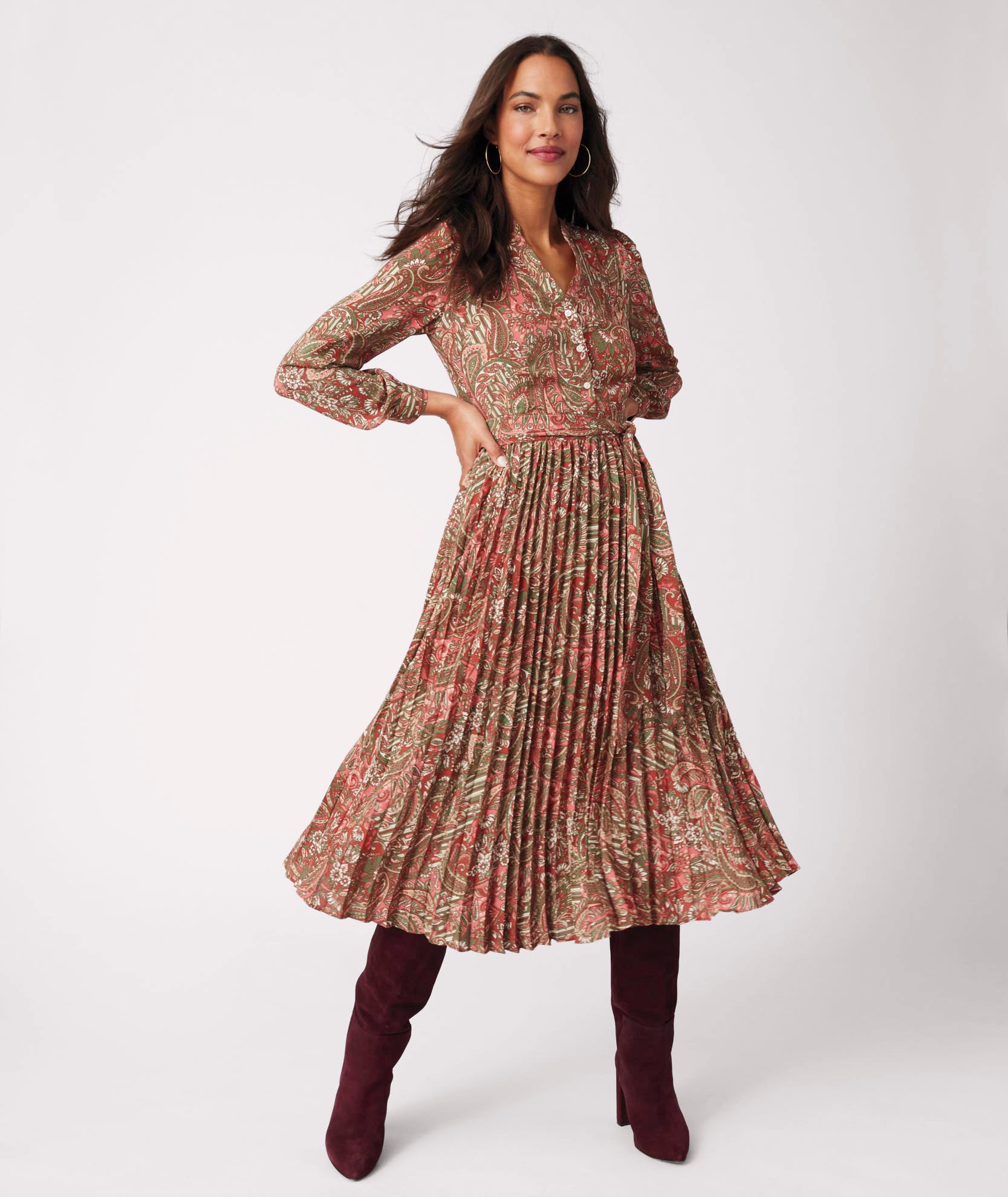 Pleated Midi Arabella Dress Pink Paisley Print