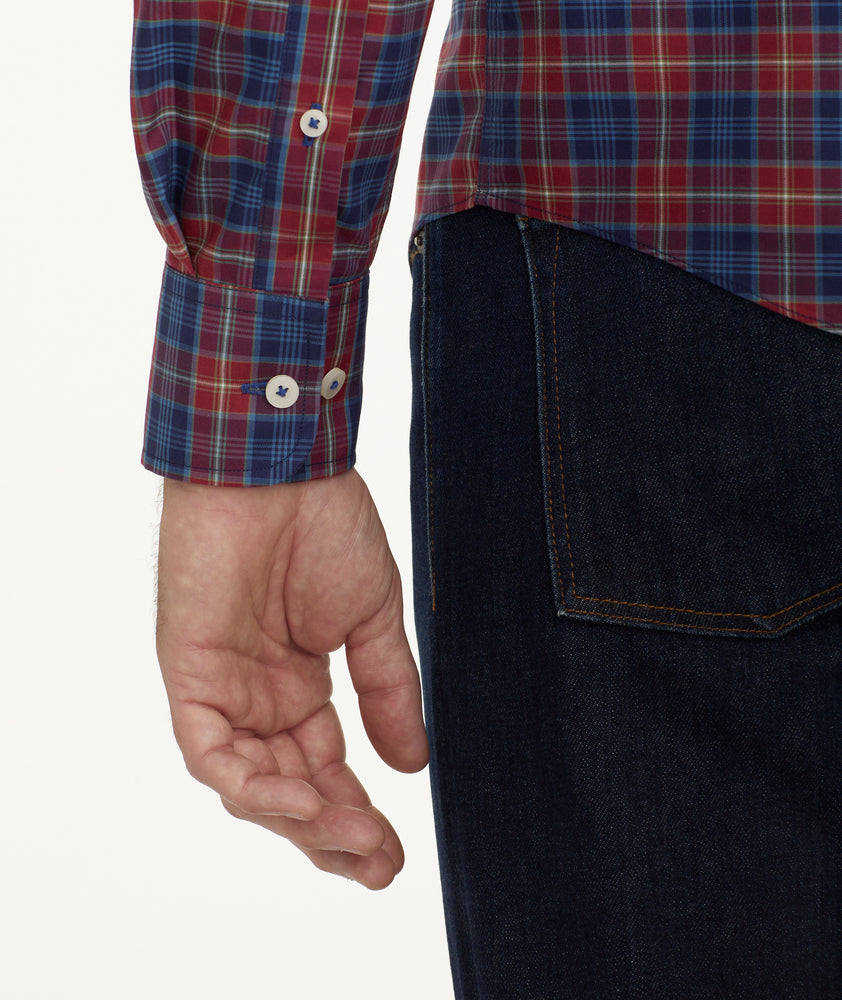 Model is wearing UNTUCKit Wrinkle-Free Arnaldo Shirt.