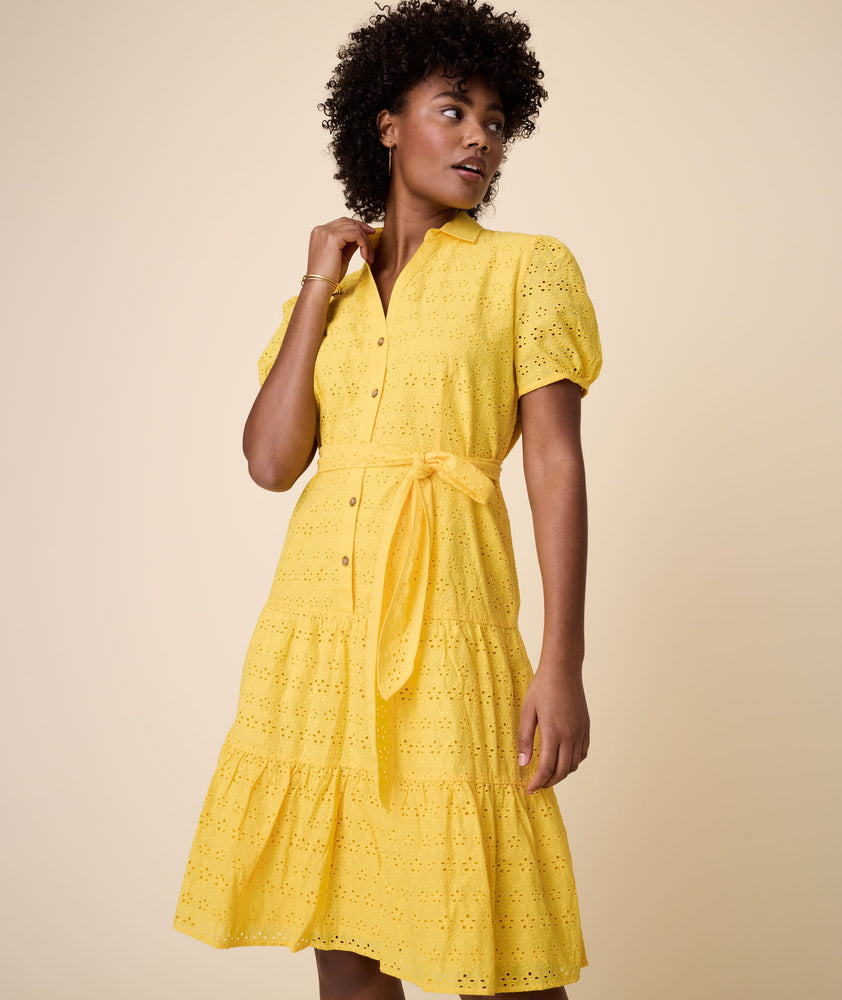 Cotton Eyelet Short Sleeve Augusta Dress Solid Yellow