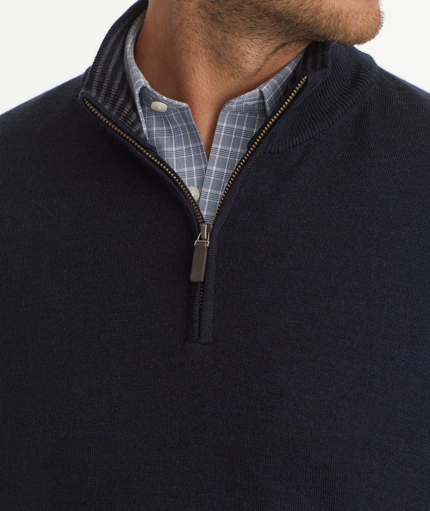 Merino Wool Quarter-Zip Sweater - Blue with Suede Placket | Untuckit