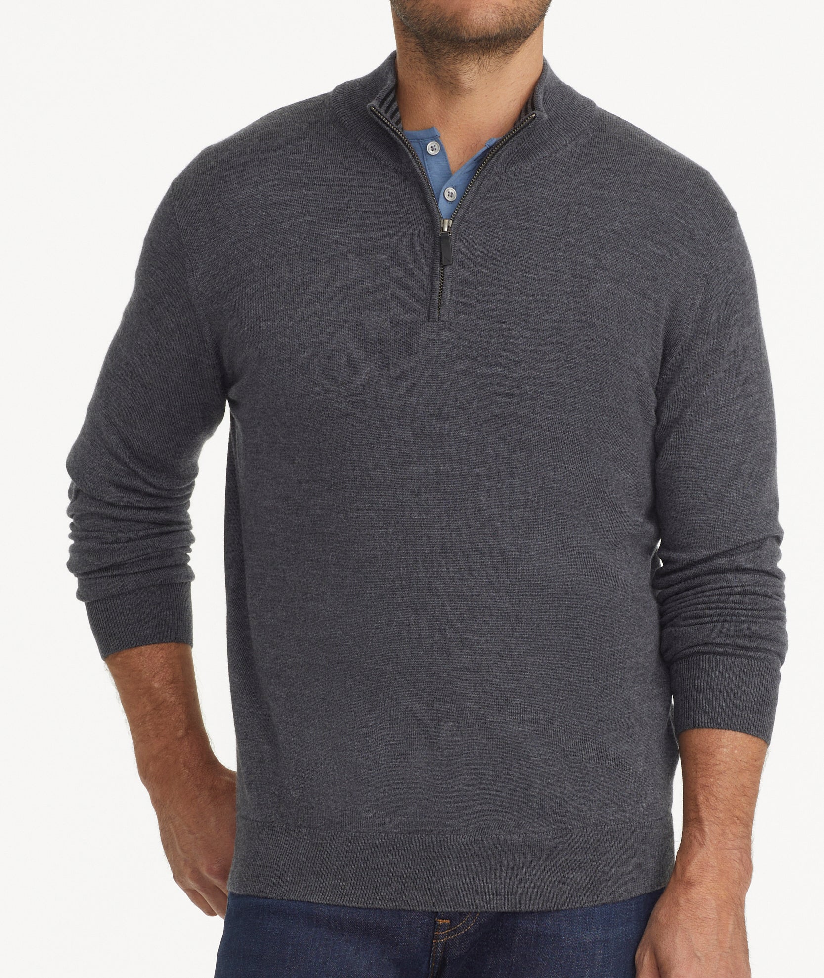 Merino Wool Quarter-Zip Sweater - Blue with Suede Placket | Untuckit