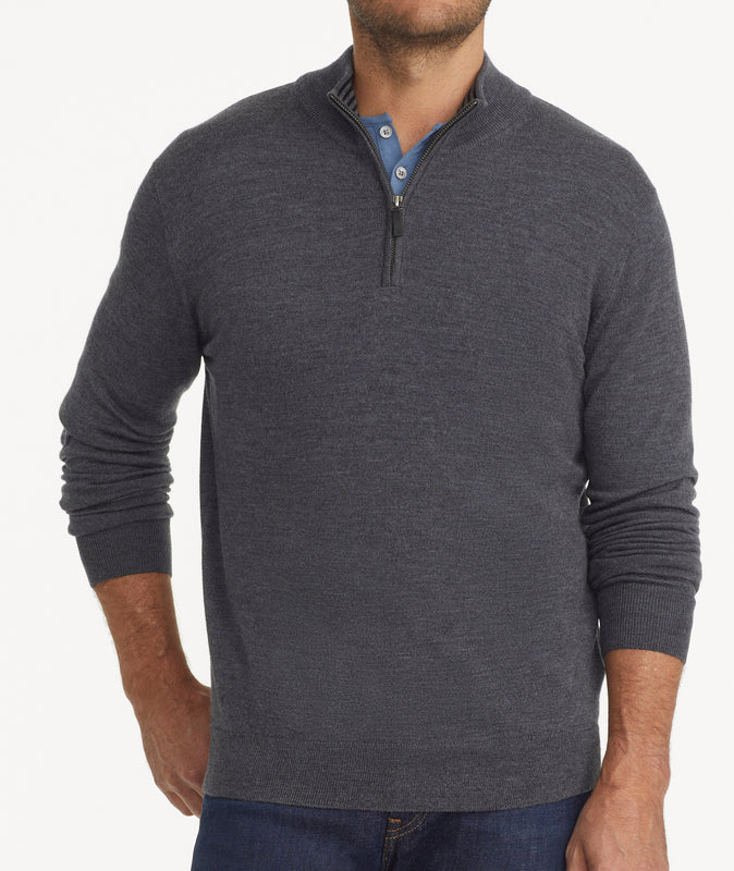 Merino Wool Quarter-Zip Sweater - Blue with Suede Placket | Untuckit