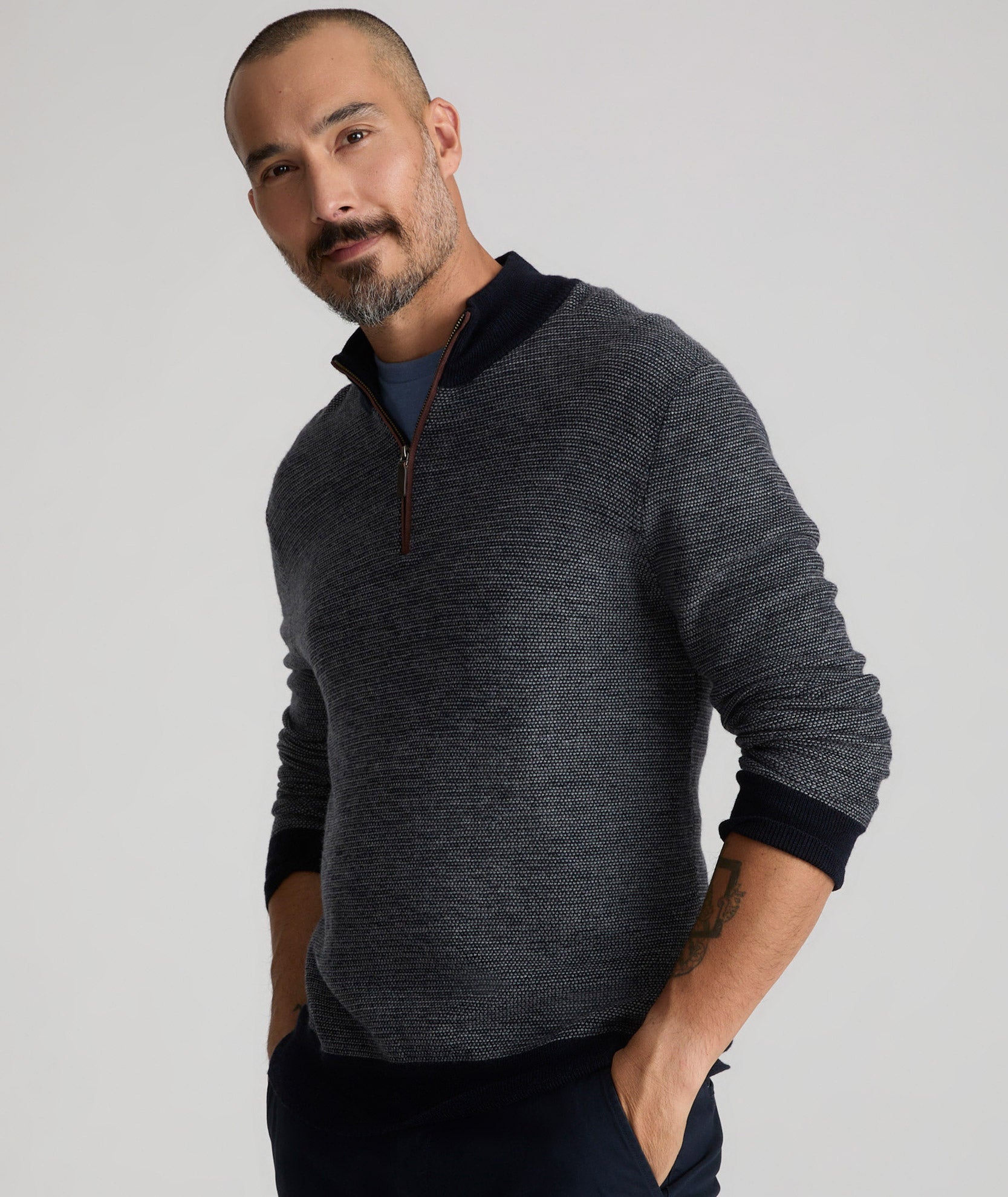 Birdseye Merino Wool Quarter-Zip Sweater Navy UNTUCKit