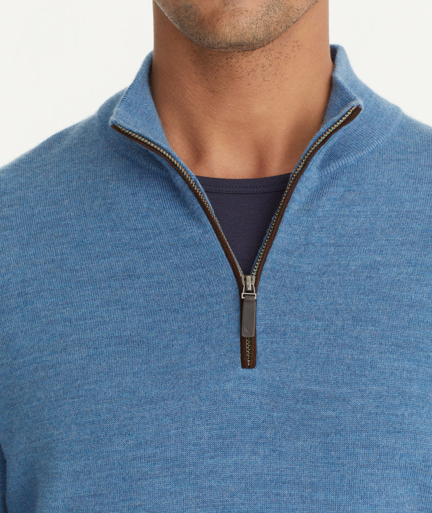 Merino Wool Quarter-Zip Sweater - Blue with Suede Placket | Untuckit