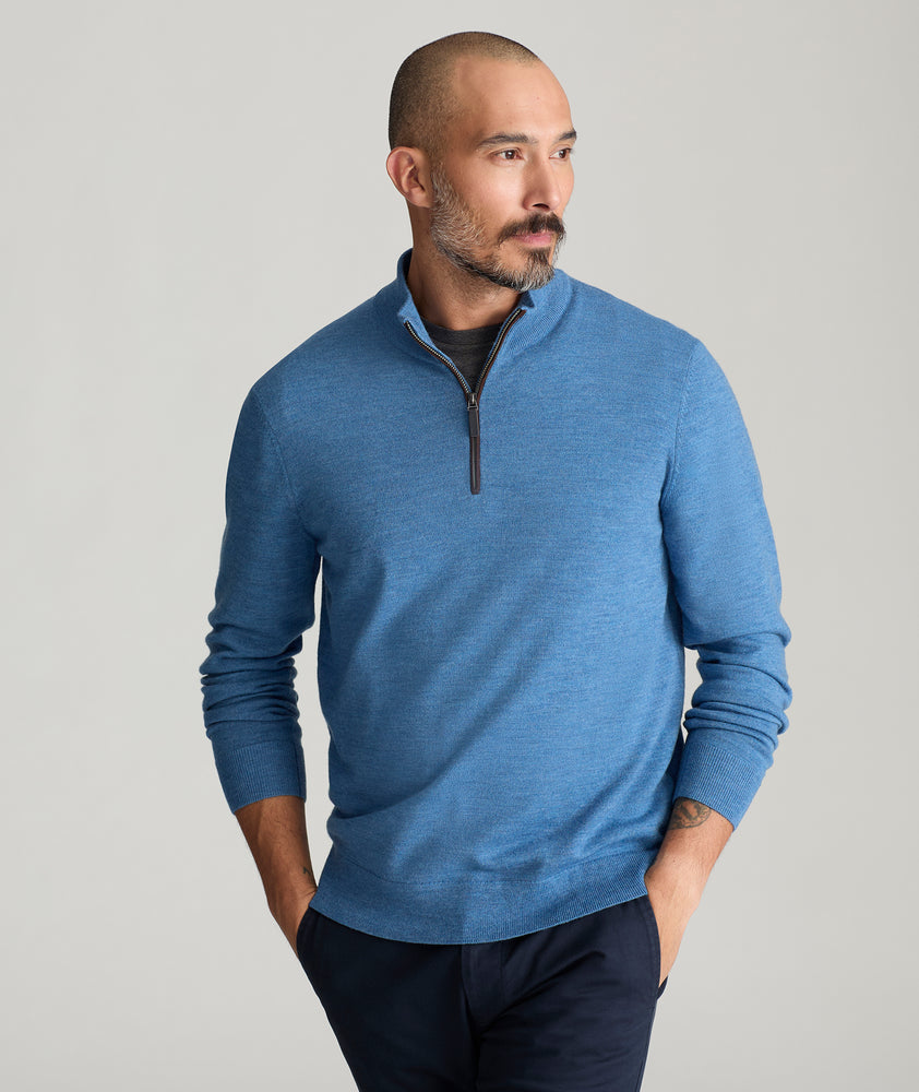 Merino Wool Quarter-Zip Sweater Blue With Suede Placket UNTUCKit