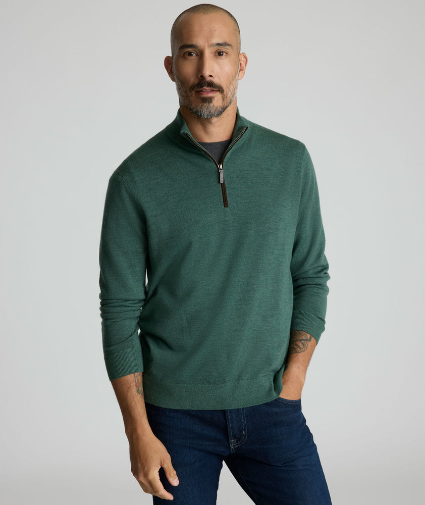 Model is wearing UNTUCKit Belguardo w/ Suede in Dark Green.