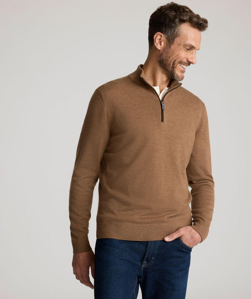 Model is wearing UNTUCKit Belguardo with Suede in Dark Camel.