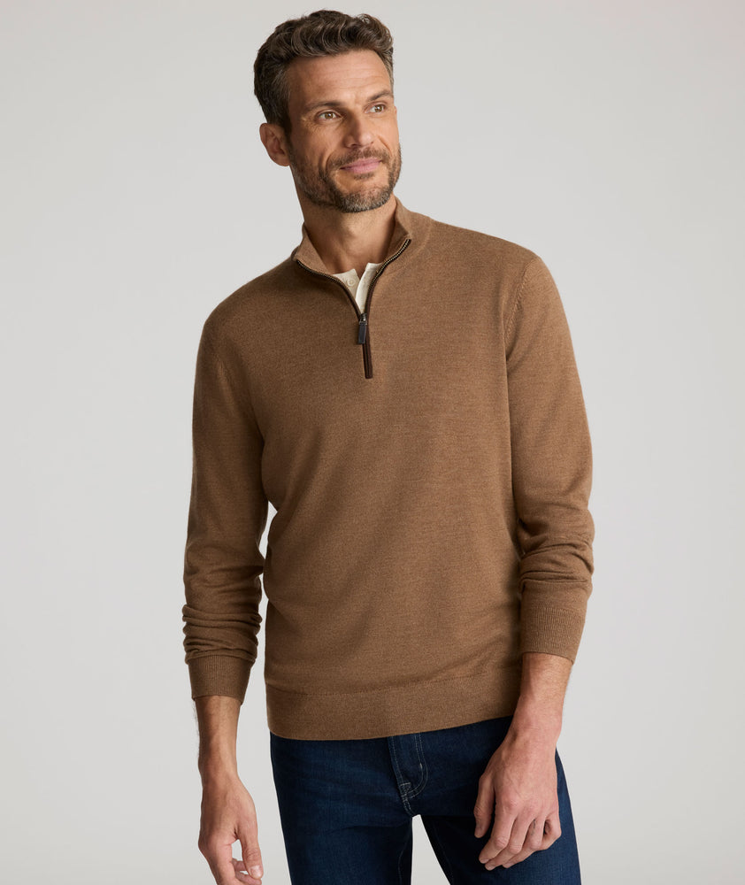 Model is wearing UNTUCKit Belguardo with Suede in Dark Camel.