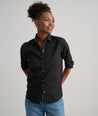 Model is wearing UNTUCKit bella shirt in black.