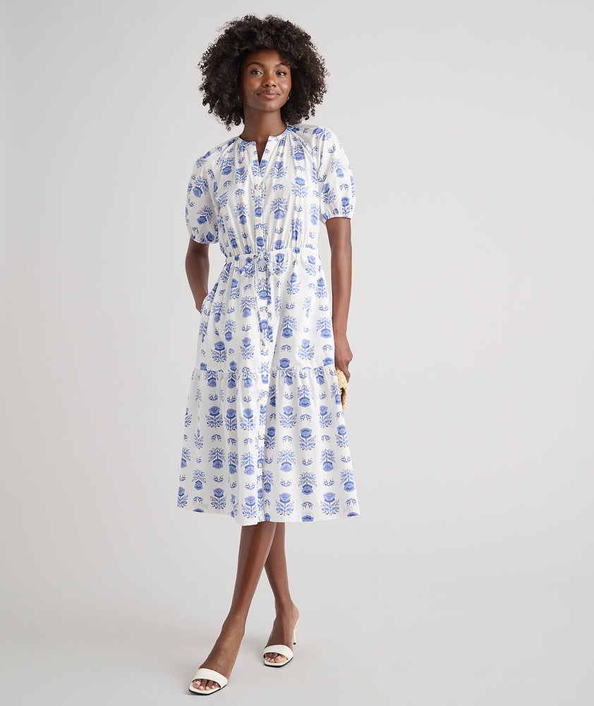 blue and white cotton midi dress White and Ocean Blue Floral Hand Block Print Cotton Midi Dress: Bohemian Summer Dress Galentine's Day Gift